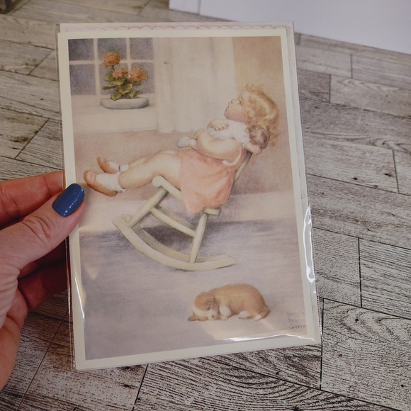 Blank Greeting Card The Lullaby Girl Puppy Rocking‎ Chair Bessie Pease Gutmann - Picture 1 of 10